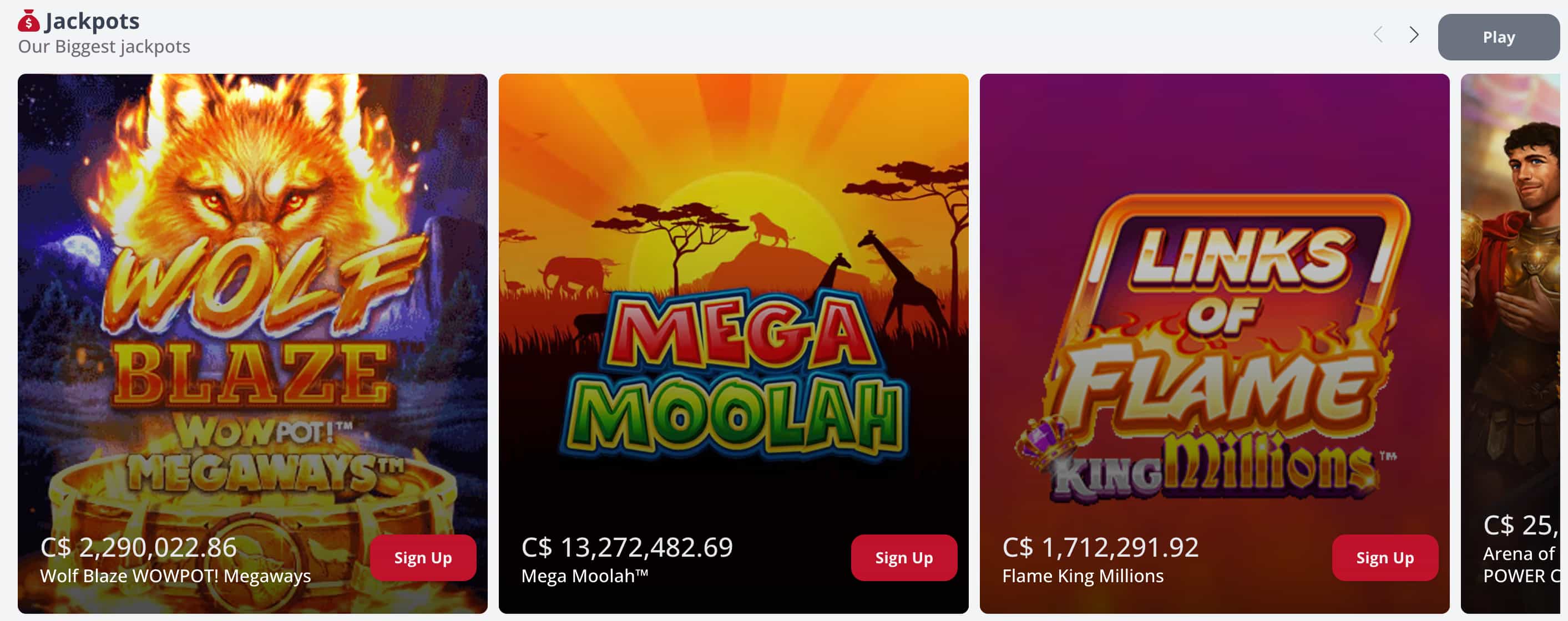 Platinum Play Casino lobby on desktop, showing the game categories a Canadian player sees after signing in